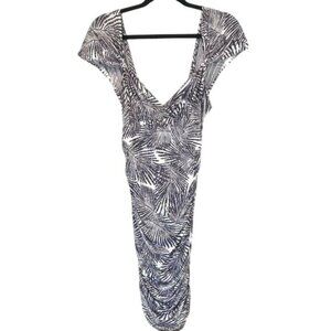 TART Size S Palm Leaf Print Ruched Bodycon Dress Stretch Navy White V-Neck